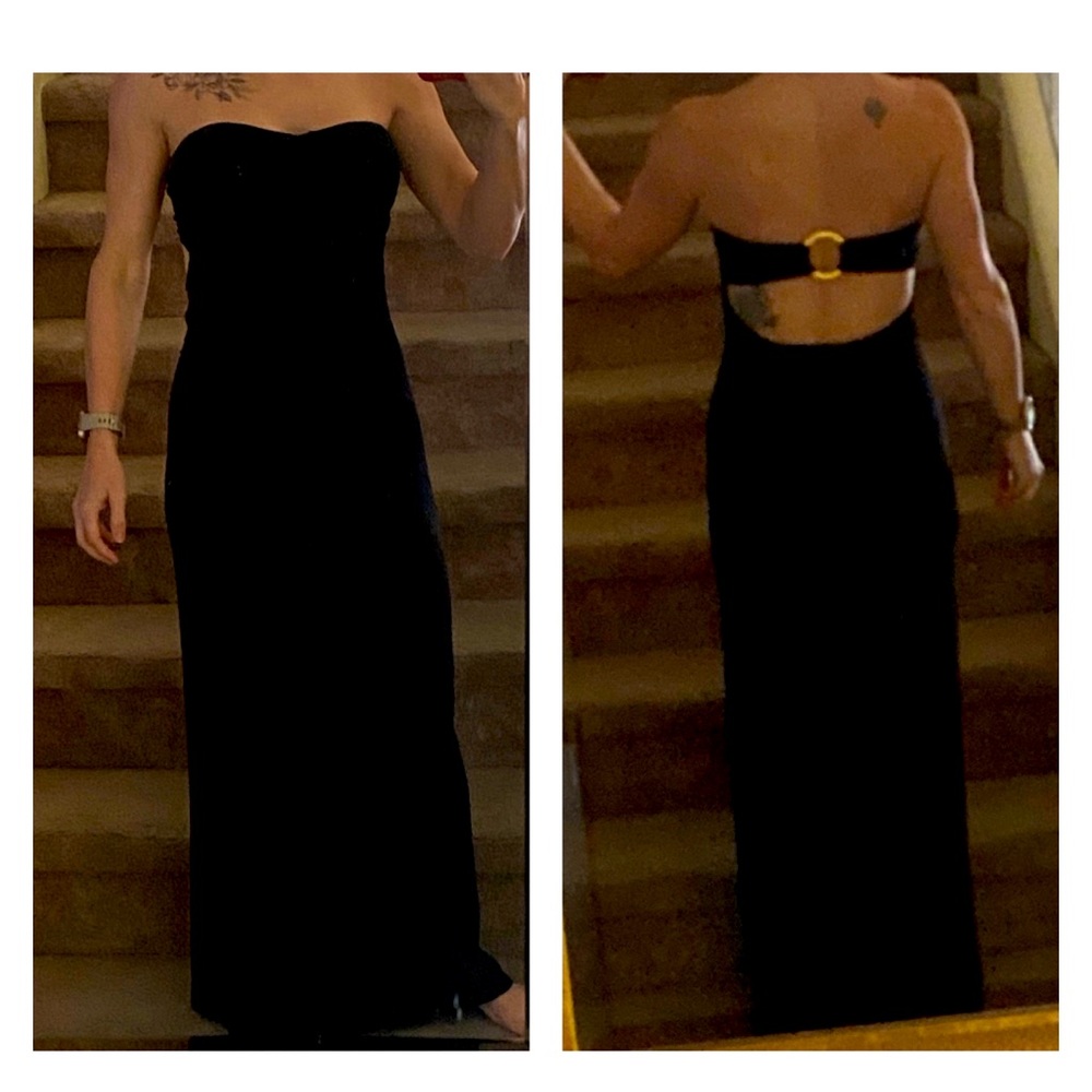 Bebe black strapless maxi dress with open back gold ring embellishment size XS